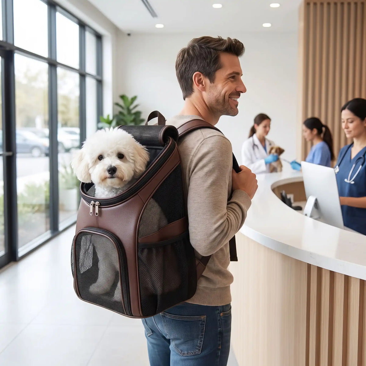 bichon dans sac à dos chien marron chez vétérinaire