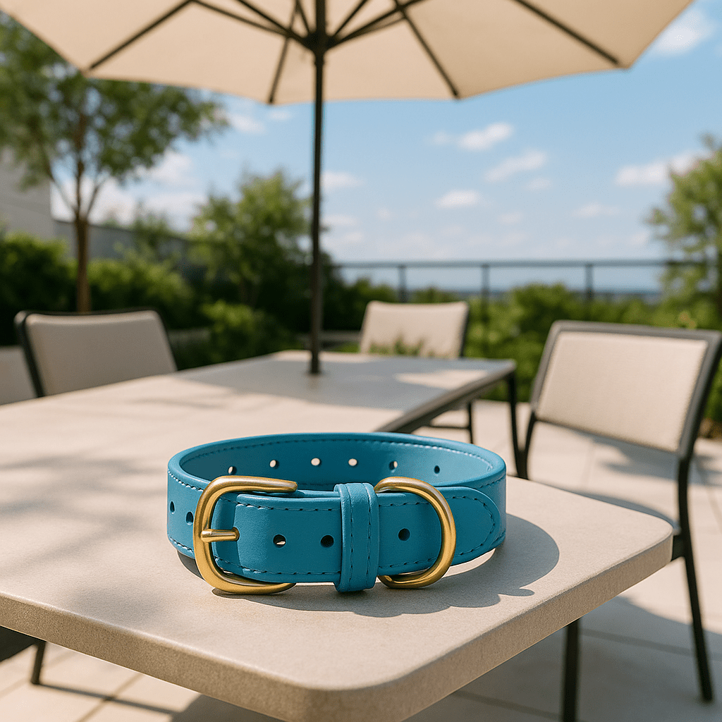 Collier chien cuir bleu clair sur table blanche