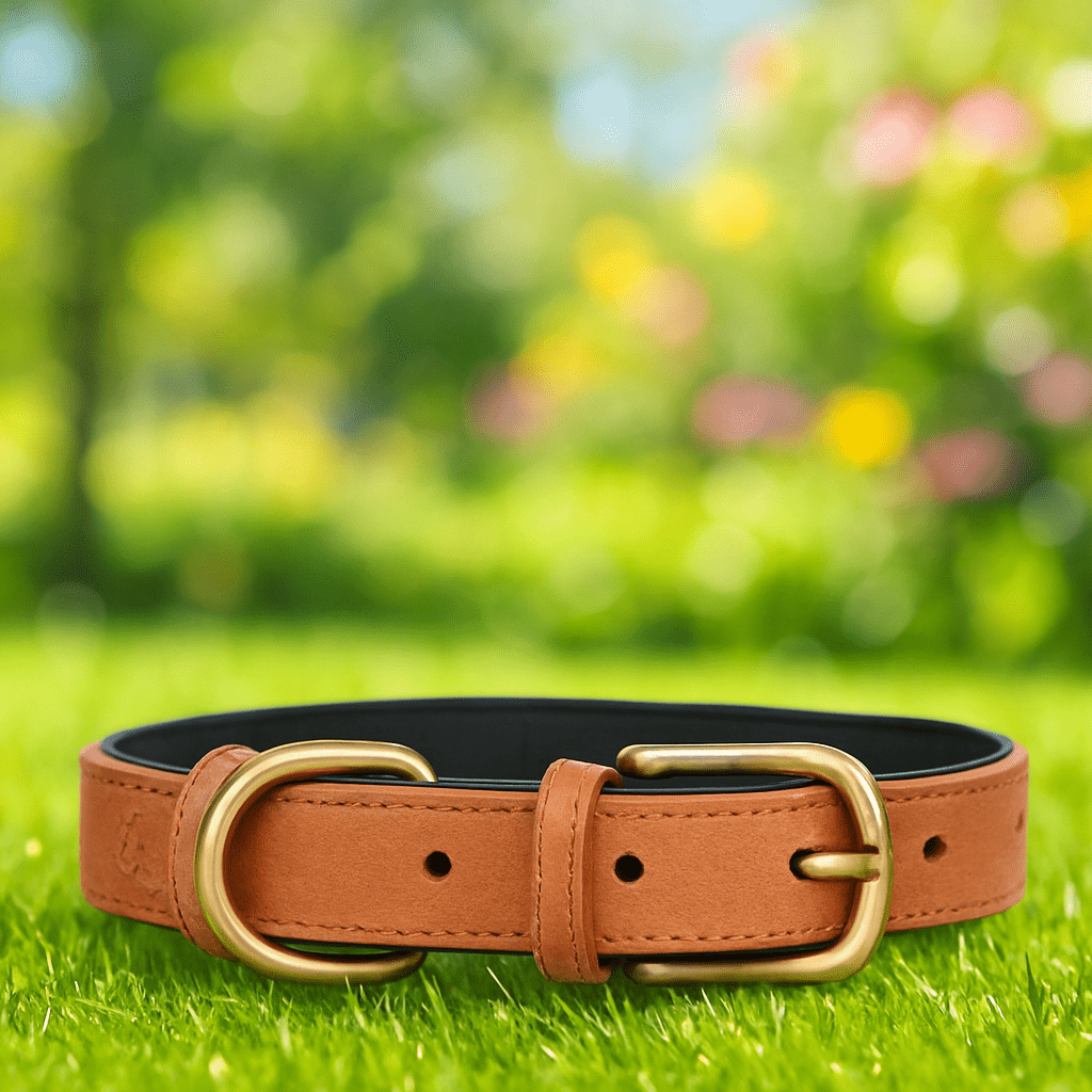 Collier chien marron cuir sur gazon