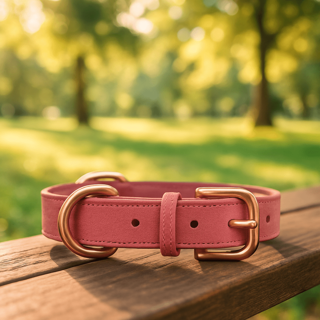 Collier chien rose cuir sur banc