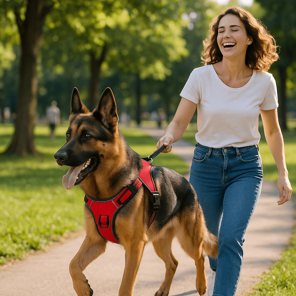 fille et berger allemand portant harnais pour chien en parc
