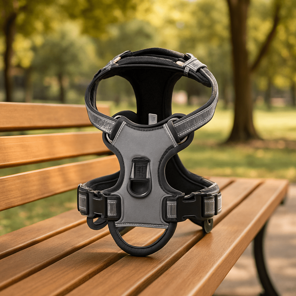 harnais pour chien gris sur banc au parc