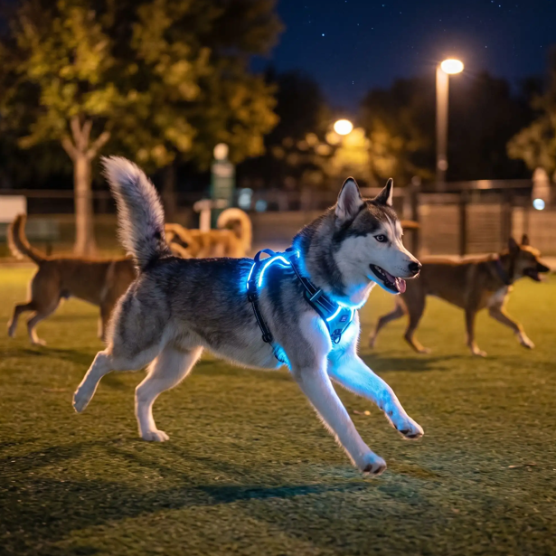 husky portant harnais lumineux led chien bleu joue dans parc canine