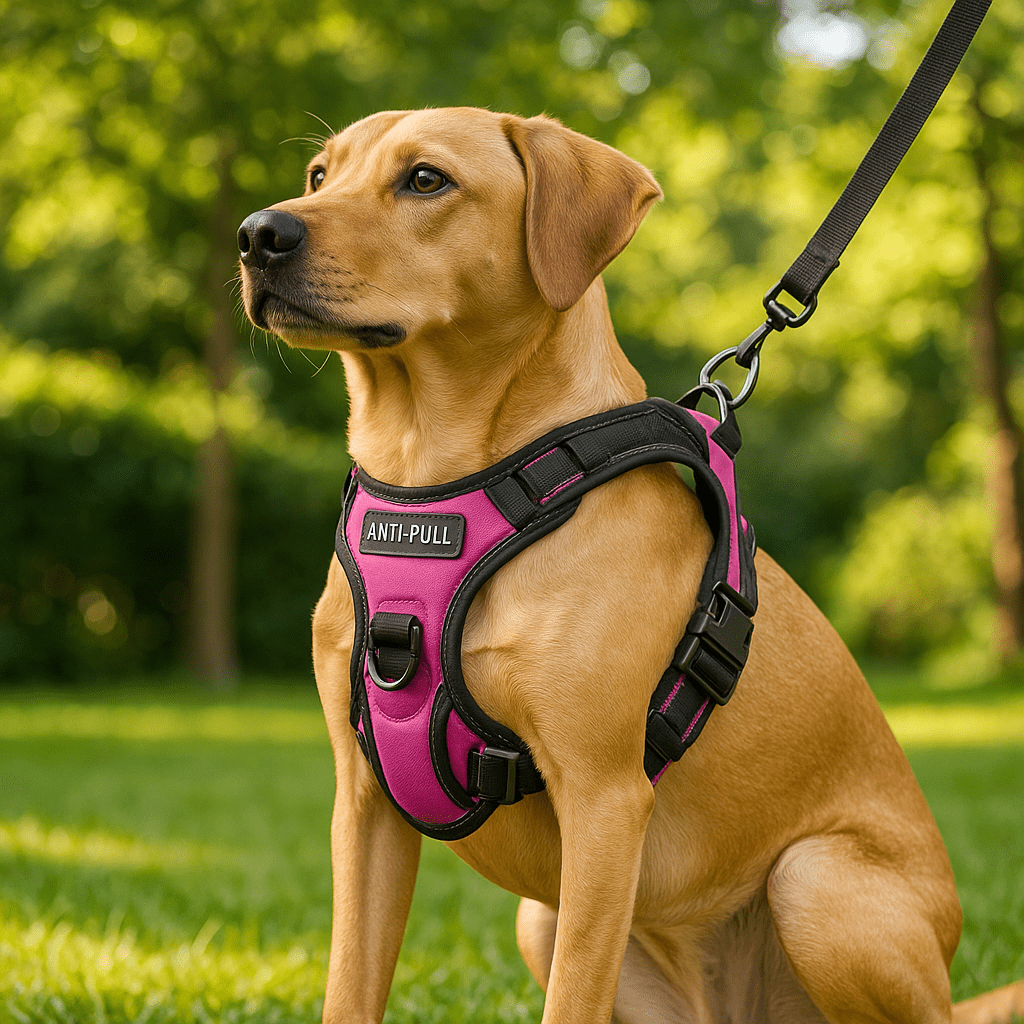 labrador attentif portant harnais pour chien rose
