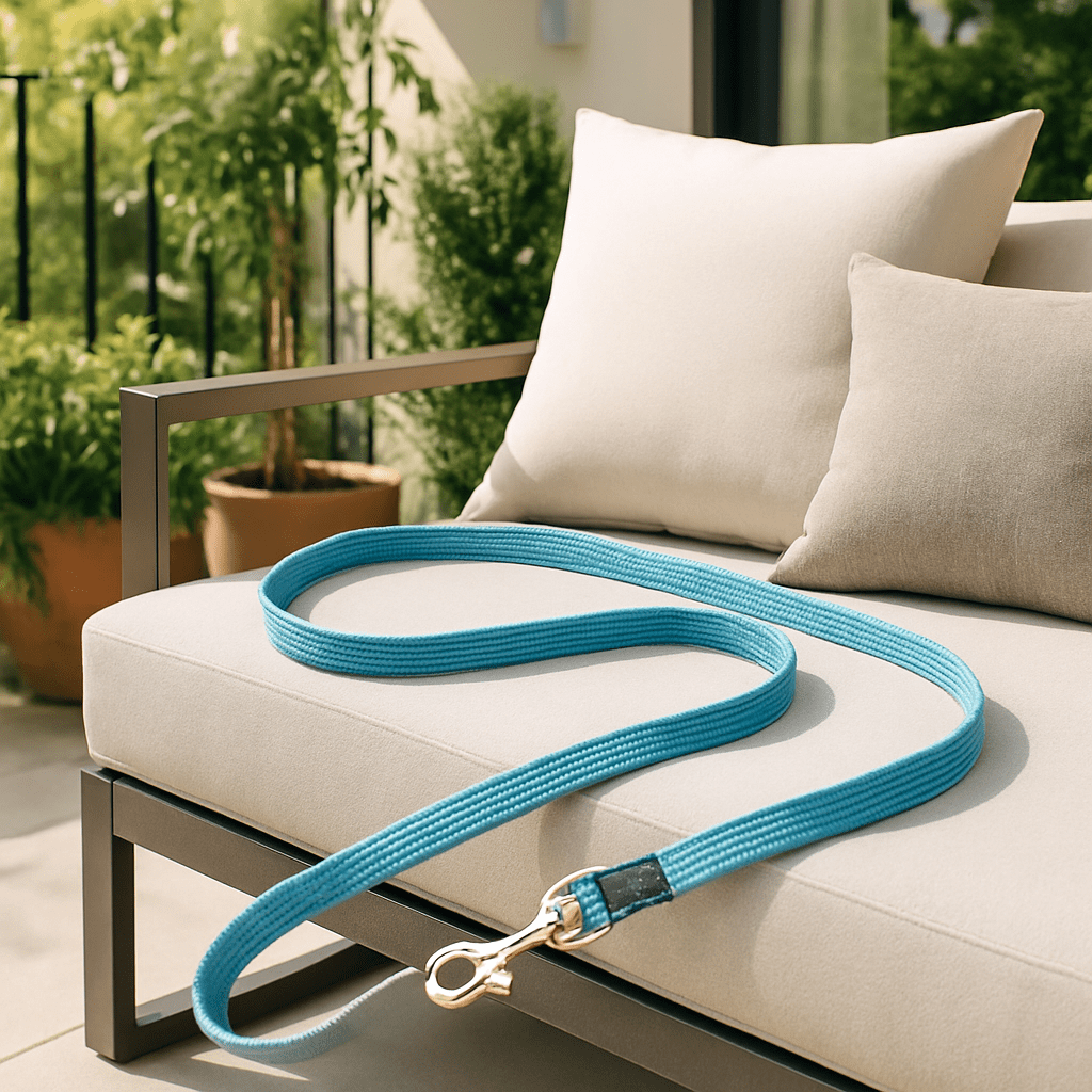 Laisse pour chien bleu sur canape