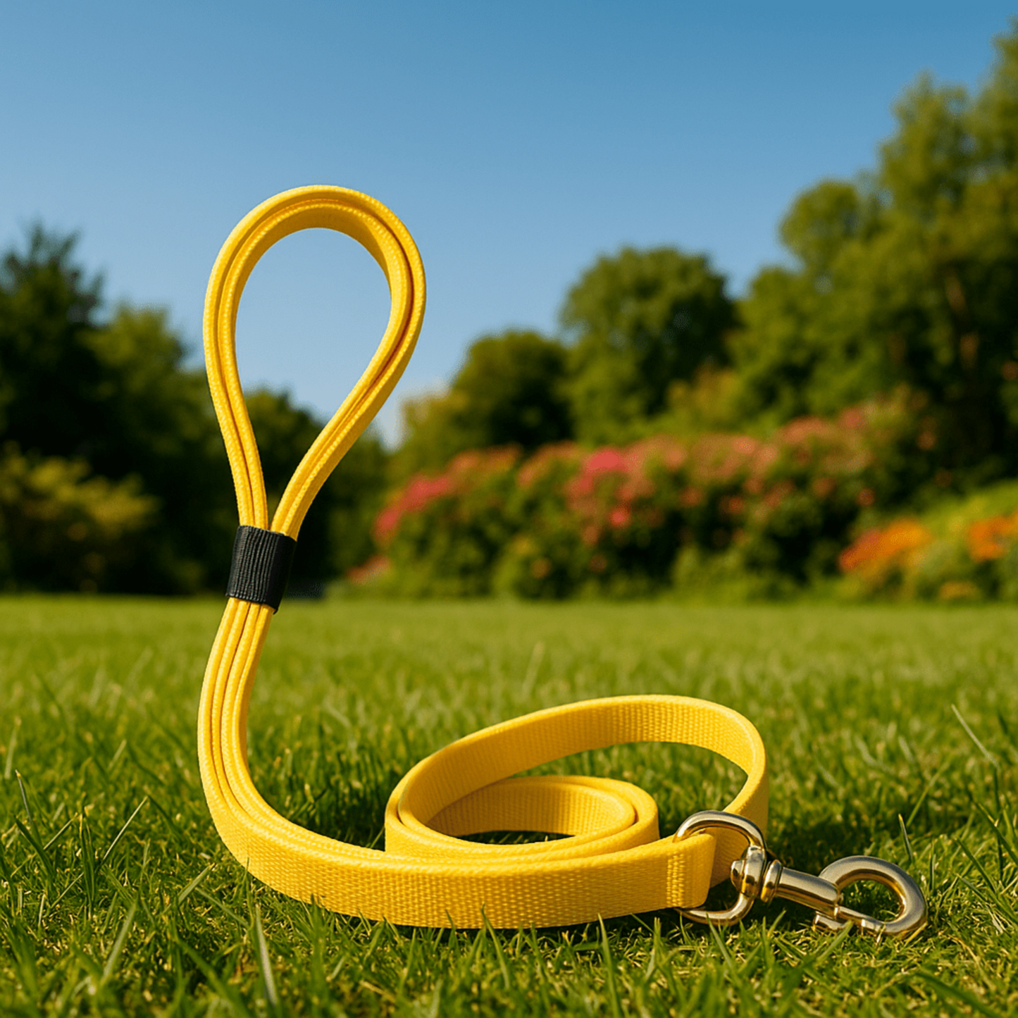 laisse pour chien jaune sur herbe