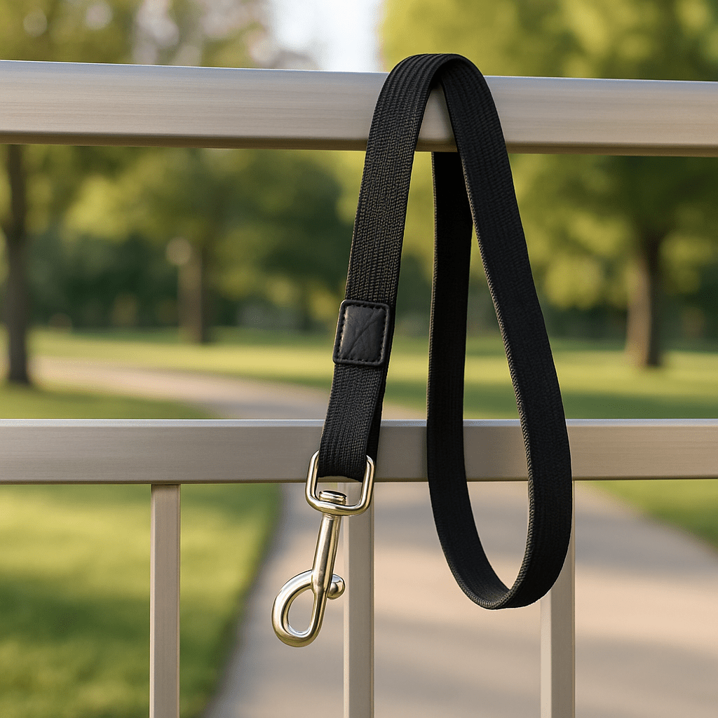 Laisse pour chien noir sur portail