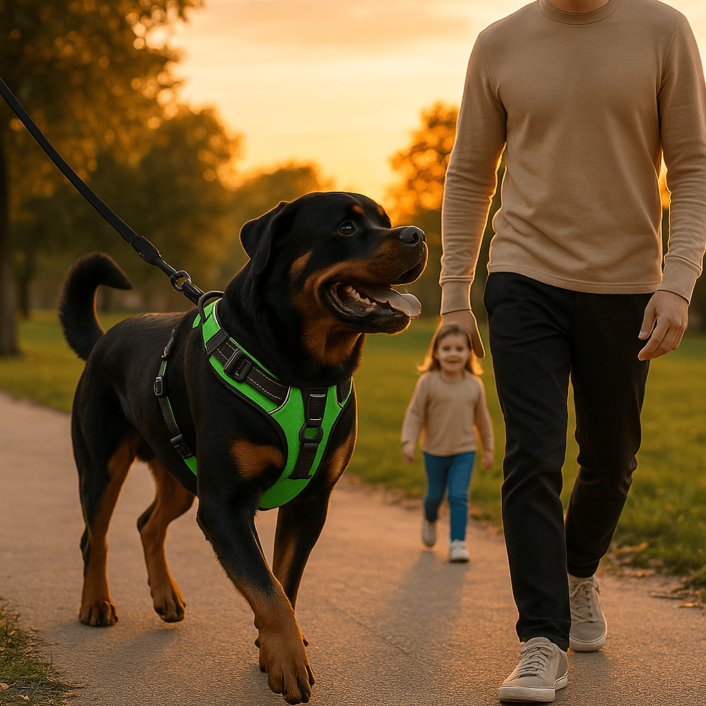 pere fille rottweiller avec harnais pour chien vert marchent