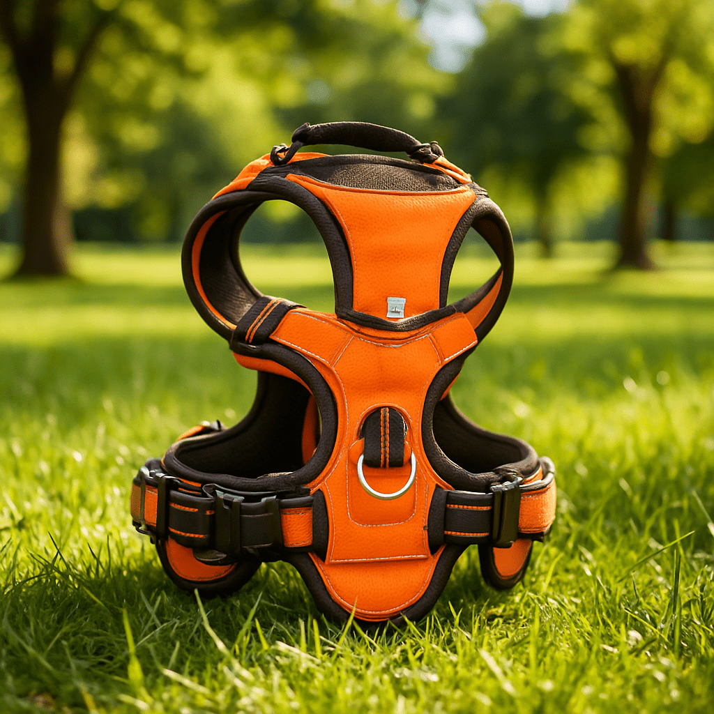 sur pelouse se trouve harnais pour chien orange
