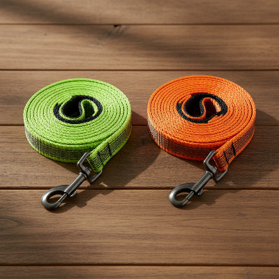 2-laisses-pour-chien-orange-verte-sur-table