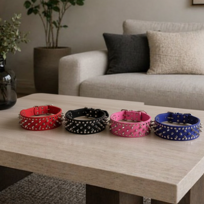 4 colliers chien cloute rouge noir rose bleu surv table