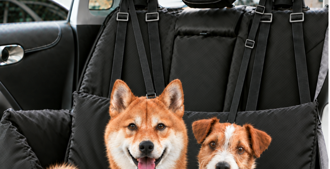 deux chiens assis dans siège auto pour chien noir