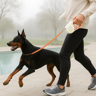Doberman en promenade vetu laisse chien enrouleur  cote piscine
