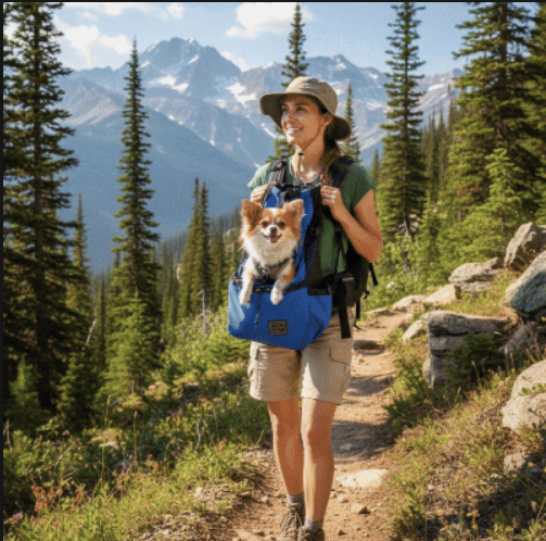 Fille en foret avec sac a dos pour chien bleu