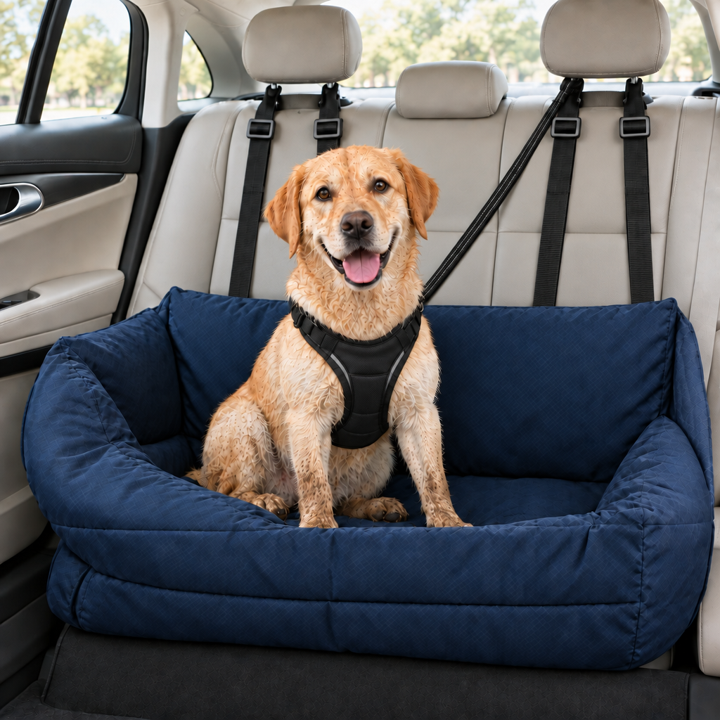 labrador attaché dans siège auto pour chien bleu marine