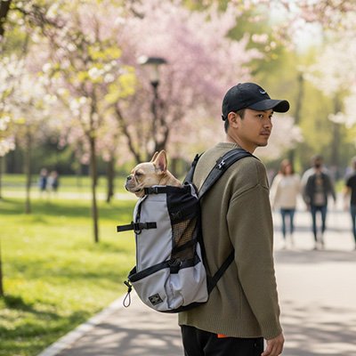 Personne au parc avec sac a dos pour chien gris