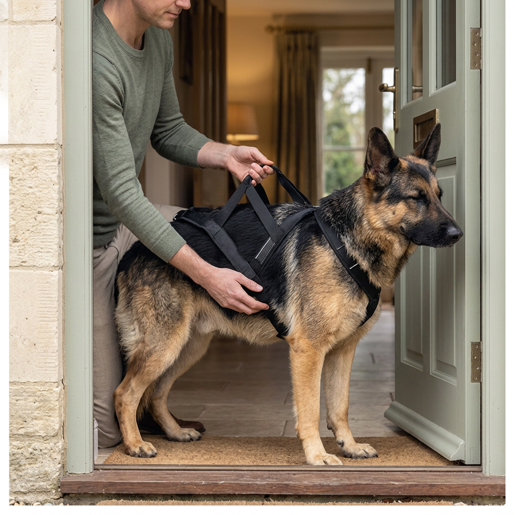 arrivant maison homme retire harnais de traction chien de berger allemand