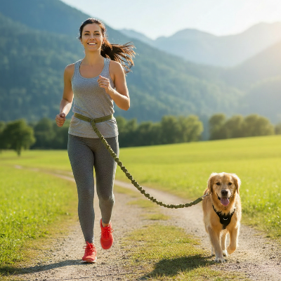  athlete utilise laisse canicross professionnelle sur chemin campagne
