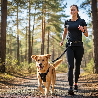  athlete utilise laisse canicross professionnelle sur chemin forestier