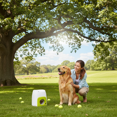 au parc femme golden jouant avec lanceur de balle pour chien