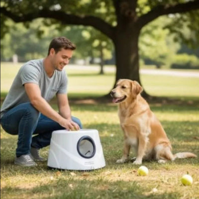au parc homme jouant avec lanceur de balle pour chien