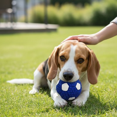 avec balle chien latex beagle repose sur gazon