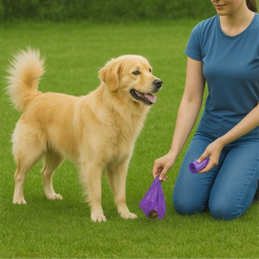 avec sac a crotte violet fille prend dechets chien sur gazon