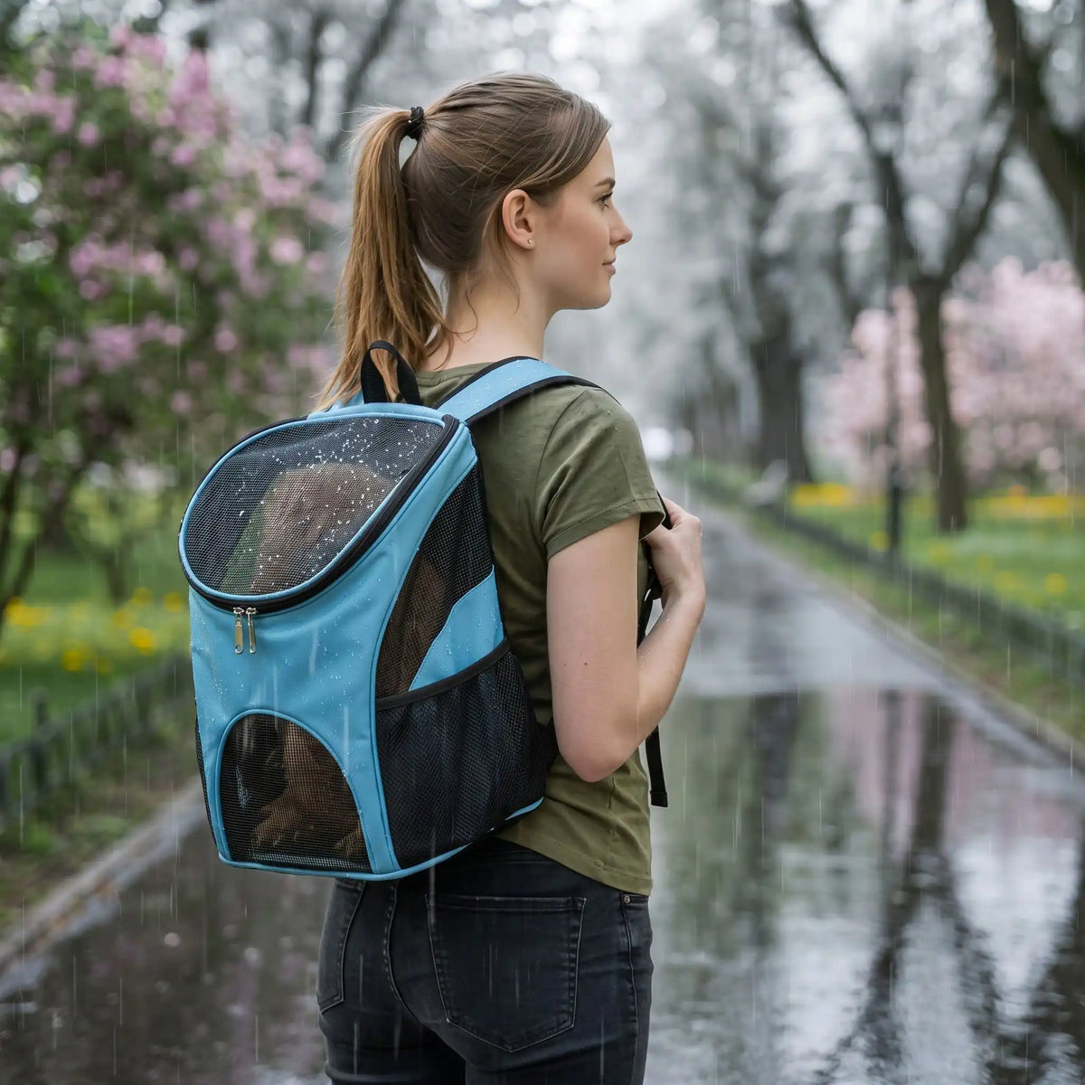 balade sous pluie avec sac à dos chien bleu