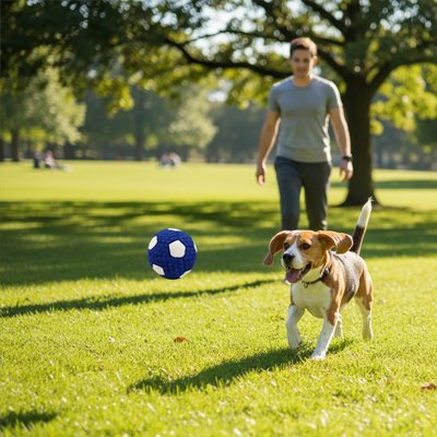  beagle court apres balle chien bleue au parc