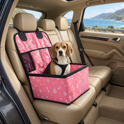 beagle dans protection siège auto pour chien rose