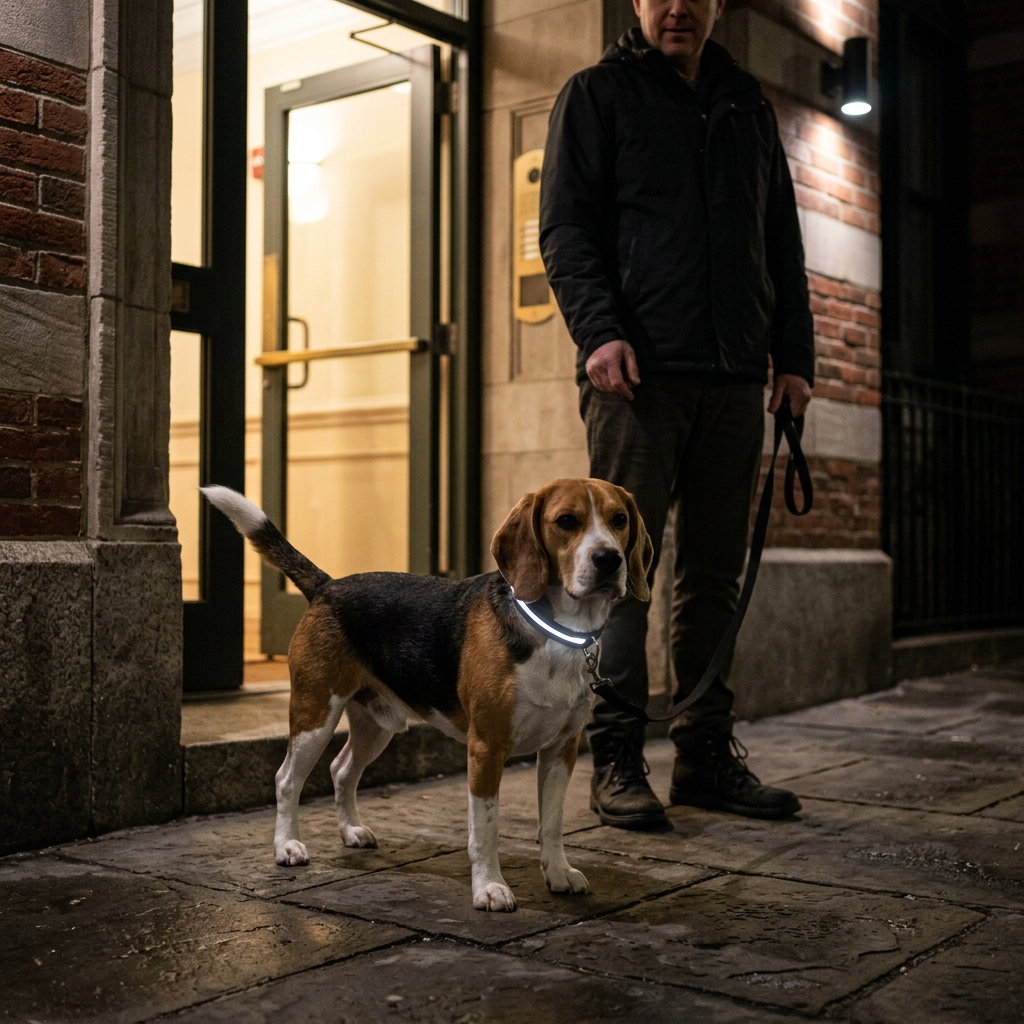beagle portant collier lumineux pour chien noir devant l'immeuble