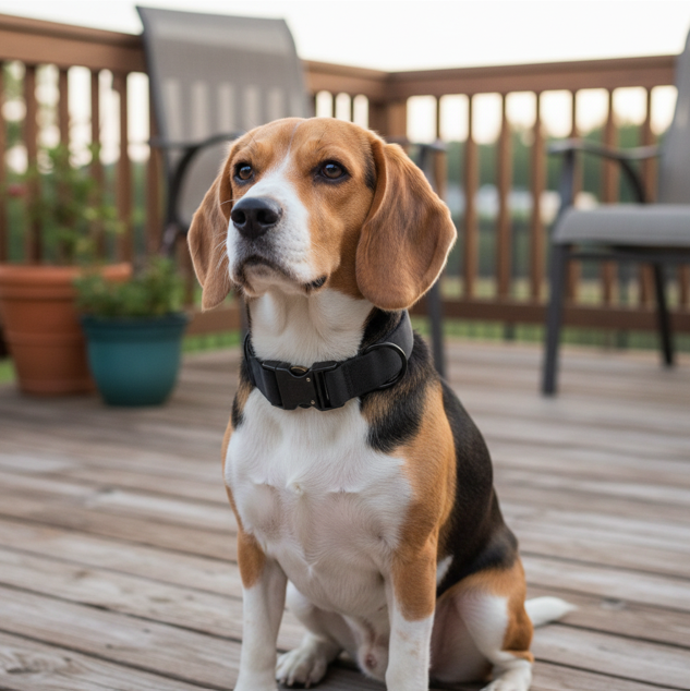 beagle portant collier tactique chien noir assis sur terrasse