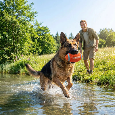 berger allemand attrape balle chien orange dans l'eau