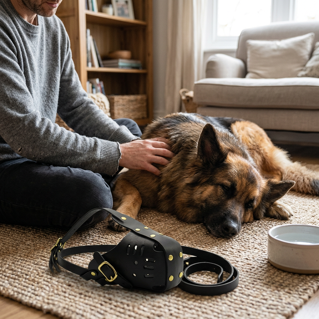 berger allemand au repos après balade muselière pour chien à côté 