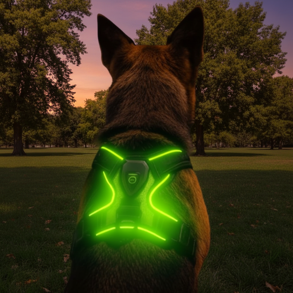 berger allemand avec harnais lumineux led chien visibilite nocturne parc