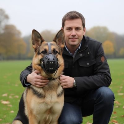 berger allemand heureux avec museliere pour chien gazon
