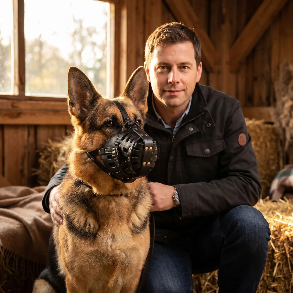 berger allemand heureux avec muselière pour chien 