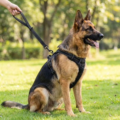 berger allemand laisse chien courte réfléchissante noire assis gazon