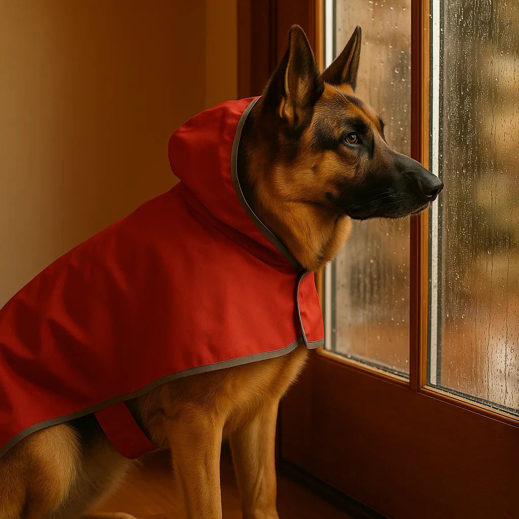 berger allemand portant manteau chien rouge regarde pluie