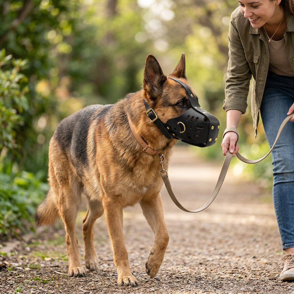 berger allemand portant muselière pour chien pendant promenade