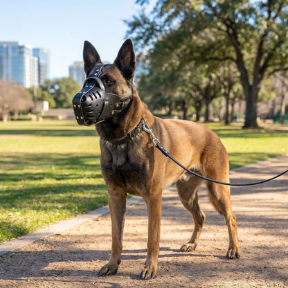 berger malinois équipé muselière pour chien​ dans parc