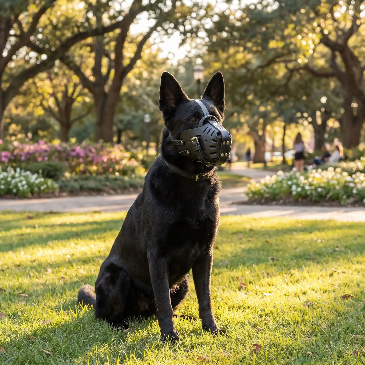 berger noir porte muselière pour chien assis sur gazon