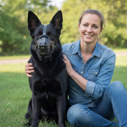 berger porte muselière pour chien assis prés fille