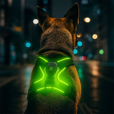  berger promene ville avec harnais lumineux led chien vert
