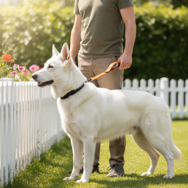 berger suisse laisse chien courte réfléchissante orange  clôture maison