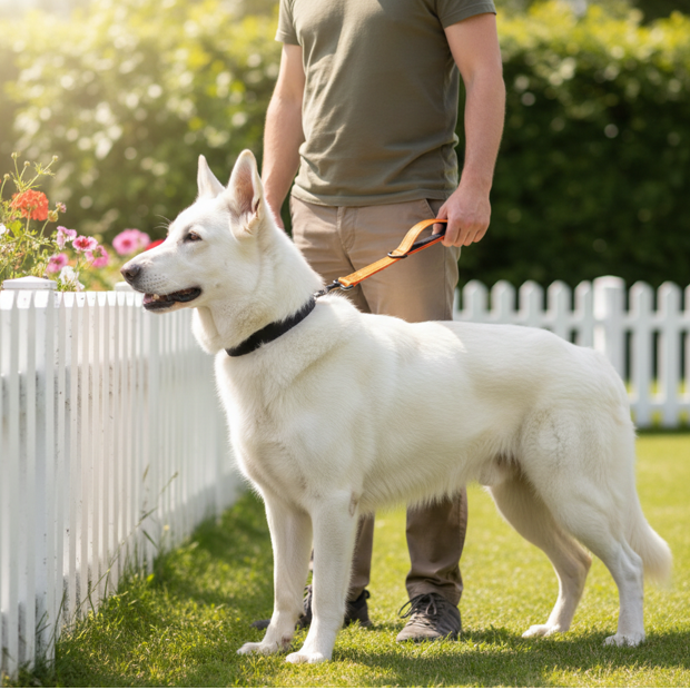 berger suisse laisse chien courte réfléchissante orange surveille avant clôture maison