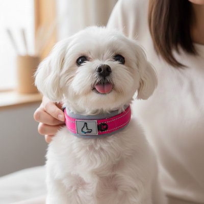 bichon blanc mignon avec collier pour chien rose