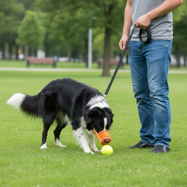 border collie joue balle parc portant muselière orange 