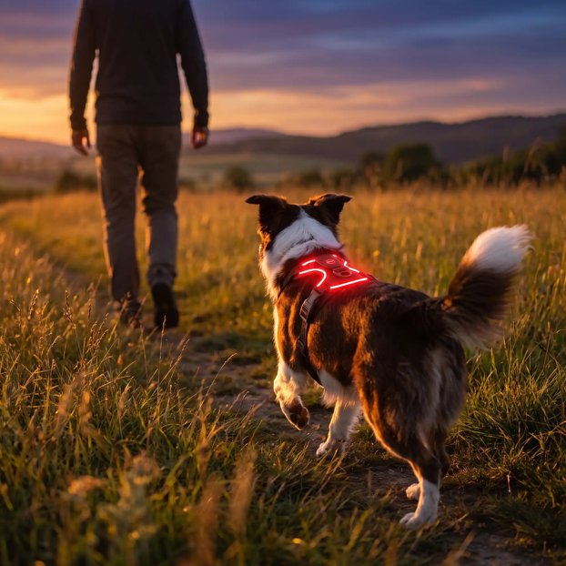 border collie portant harnais lumineux led chien rouge marche derrière homme