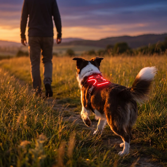 border collie portant harnais lumineux led chien rouge marche derrière homme